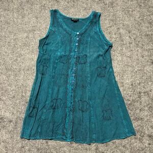 Flower Free Size Teal Rayon Boho Tunic Dress Embroidered Button Front